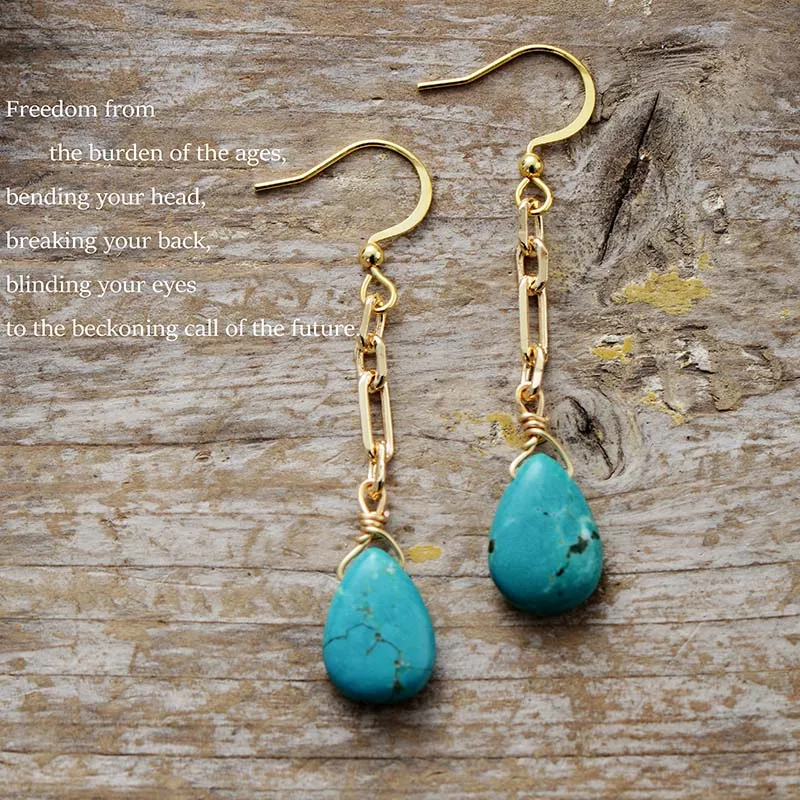 Dangling Link Chain Turquoise Earrings 2