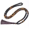 Unisex Natural Yellow Tiger Eye Black Agate Beaded Mala Necklace 5