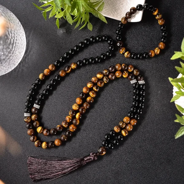 Unisex Natural Yellow Tiger Eye Black Agate Beaded Mala Necklace 1